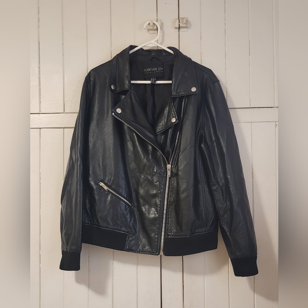 Cool F21 Black Pleather Biker Bomber Jacket - 2X